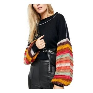 We The Free Black Knit Sweater With Colorful Balloon Sleeves and White Stitching